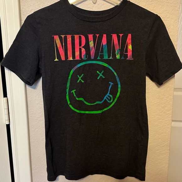 NIRVANA Black Short Sleeve Tee with Smiley Face Design​ - Picture 1 of 2